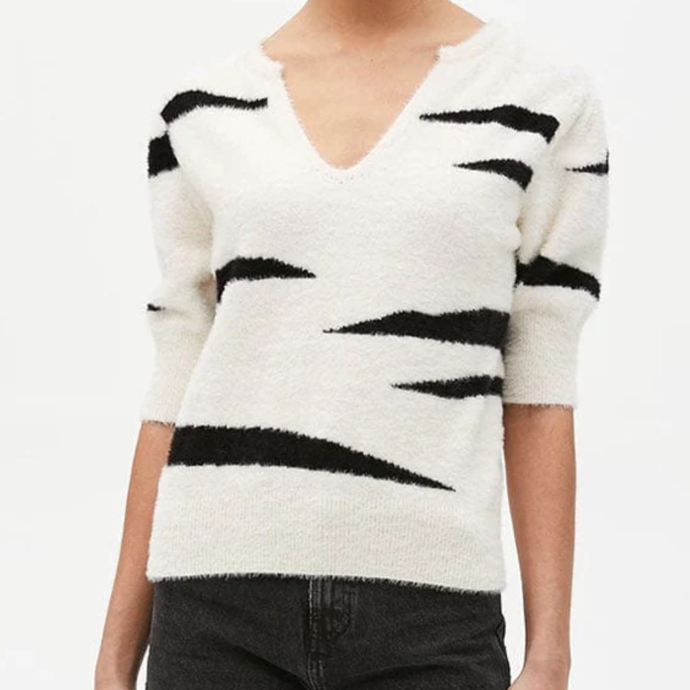 Michael Stars Honey Elbow Sleeve V-Neck Pullover Sweater Tiger Stripe Print L